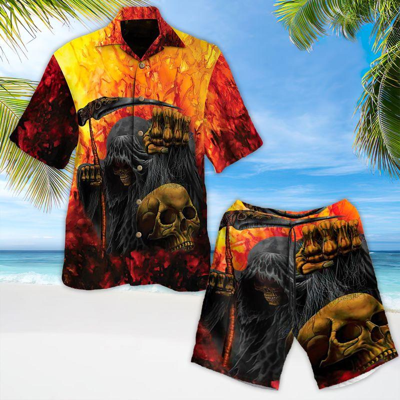 Skull Aloha Hawaiian Shirts For Summer, Grim Reaper At Hell Horror Skull Burning Hawaiian Set For Men Women, Gift For Horror Style Lovers, Friend - Amzanimalsgift