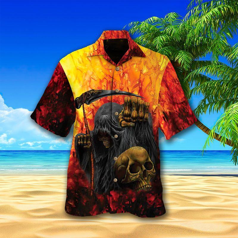 Skull Aloha Hawaiian Shirts For Summer, Grim Reaper At Hell Horror Skull Burning Hawaiian Set For Men Women, Gift For Horror Style Lovers, Friend - Amzanimalsgift