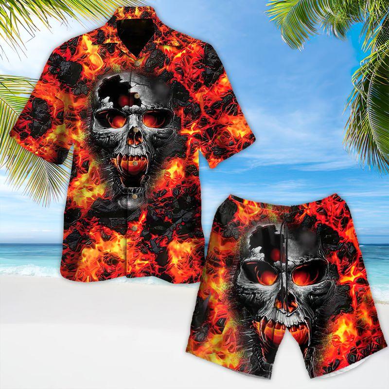 Skull Aloha Hawaiian Shirts For Summer, Skull On Lava Background Hawaiian Set For Men Women, Gift For Horror Style Lovers, Friend, Family, Team - Amzanimalsgift