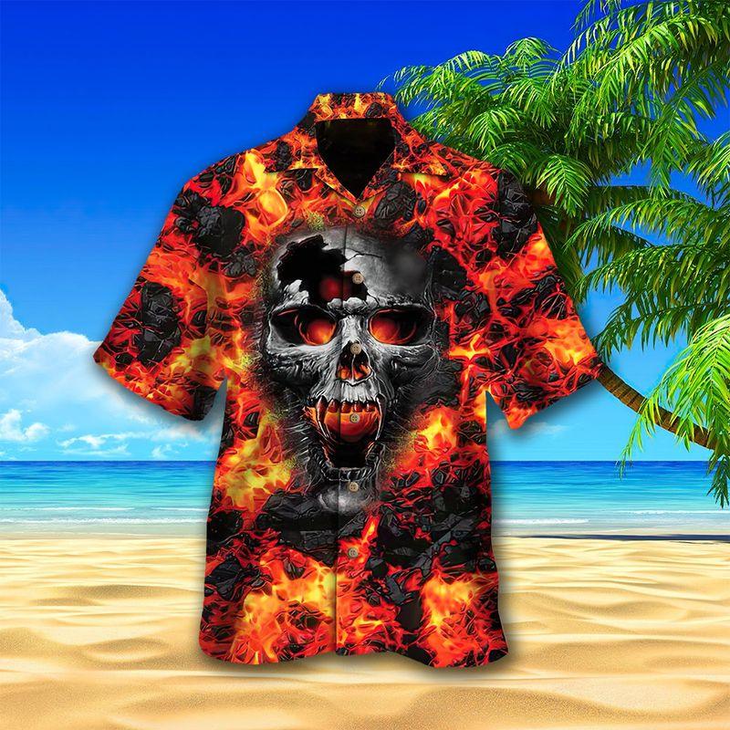 Skull Aloha Hawaiian Shirts For Summer, Skull On Lava Background Hawaiian Set For Men Women, Gift For Horror Style Lovers, Friend, Family, Team - Amzanimalsgift