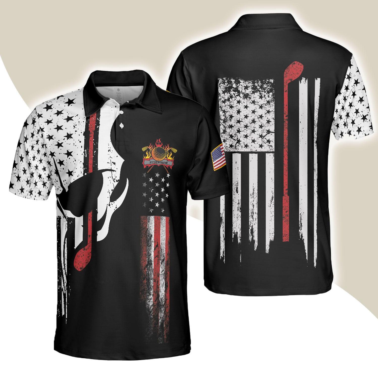 Skull American Flag With Golf Club Polo Shirt, Black And White American Flag Polo Shirt, Patriotic Golf Shirt For Men - Perfect Gift For Men, Golfers - Amzanimalsgift