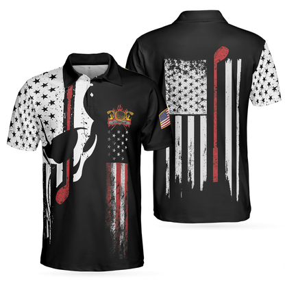 Skull American Flag With Golf Club Polo Shirt, Black And White American Flag Polo Shirt, Patriotic Golf Shirt For Men - Perfect Gift For Men, Golfers - Amzanimalsgift