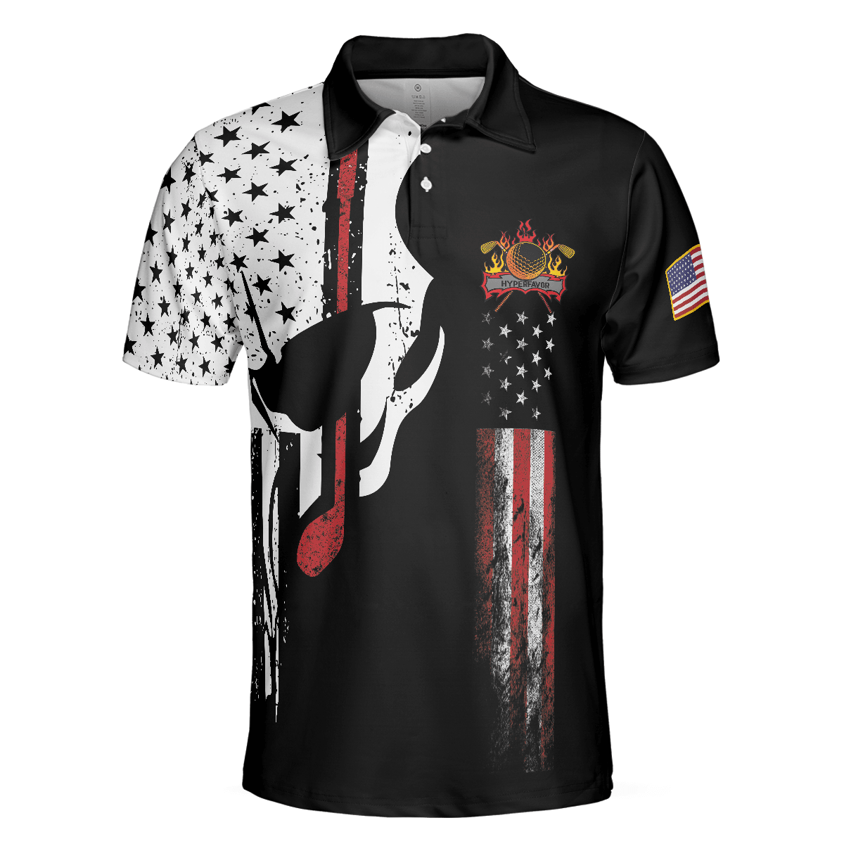 Skull American Flag With Golf Club Polo Shirt, Black And White American Flag Polo Shirt, Patriotic Golf Shirt For Men - Perfect Gift For Men, Golfers - Amzanimalsgift