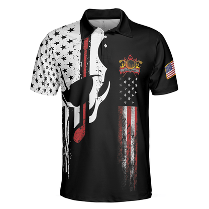 Skull American Flag With Golf Club Polo Shirt, Black And White American Flag Polo Shirt, Patriotic Golf Shirt For Men - Perfect Gift For Men, Golfers - Amzanimalsgift