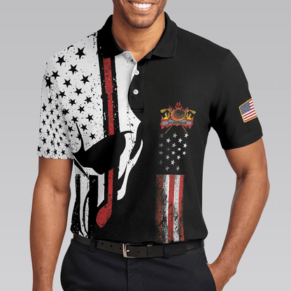 Skull American Flag With Golf Club Polo Shirt, Black And White American Flag Polo Shirt, Patriotic Golf Shirt For Men - Perfect Gift For Men, Golfers - Amzanimalsgift