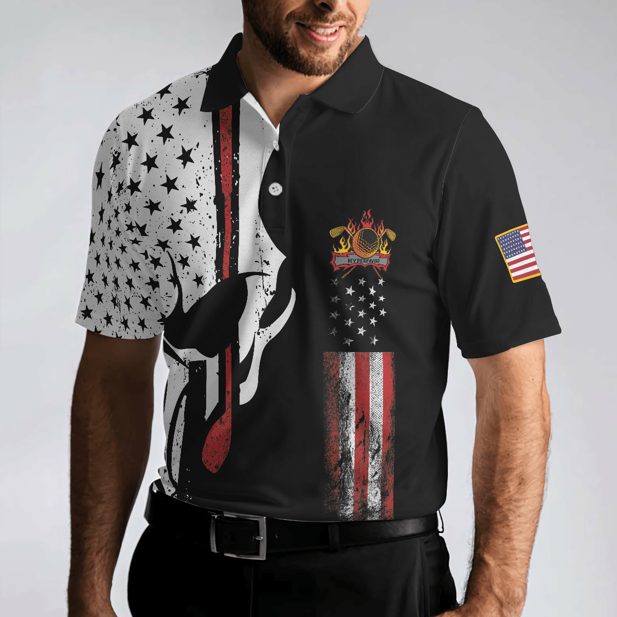 Skull American Flag With Golf Club Polo Shirt, Black And White American Flag Polo Shirt, Patriotic Golf Shirt For Men - Perfect Gift For Men, Golfers - Amzanimalsgift