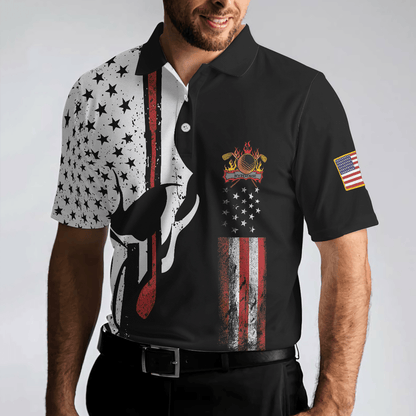 Skull American Flag With Golf Club Polo Shirt, Black And White American Flag Polo Shirt, Patriotic Golf Shirt For Men - Perfect Gift For Men, Golfers - Amzanimalsgift