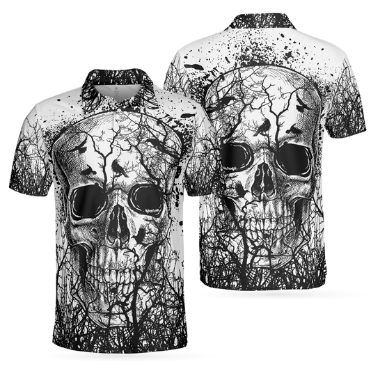 Skull Crow Black And White Short Sleeve Polo Shirt, Dark Forest Skull Crow Shirt For Men, Best Polo Shirt For Halloween - Perfect Gift For Men - Amzanimalsgift