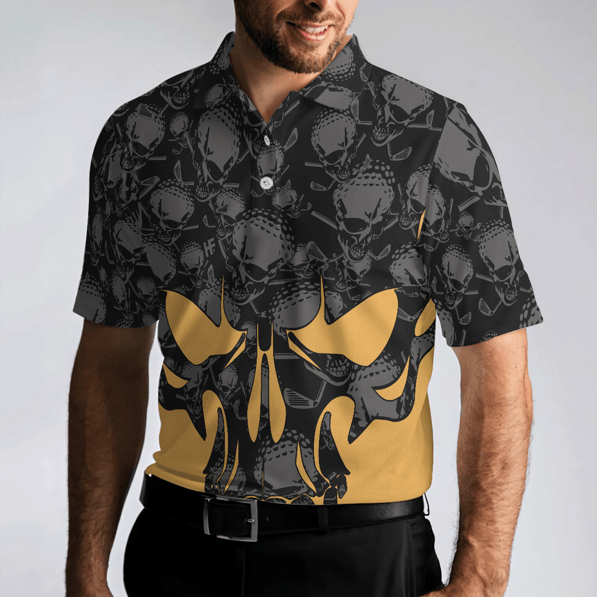 Skull Golf Polo Shirt, Black And Yellow Skull Golfing Shirt Design, Best Polo Shirt For Hot Weather - Perfect Gift For Men, Golfers - Amzanimalsgift