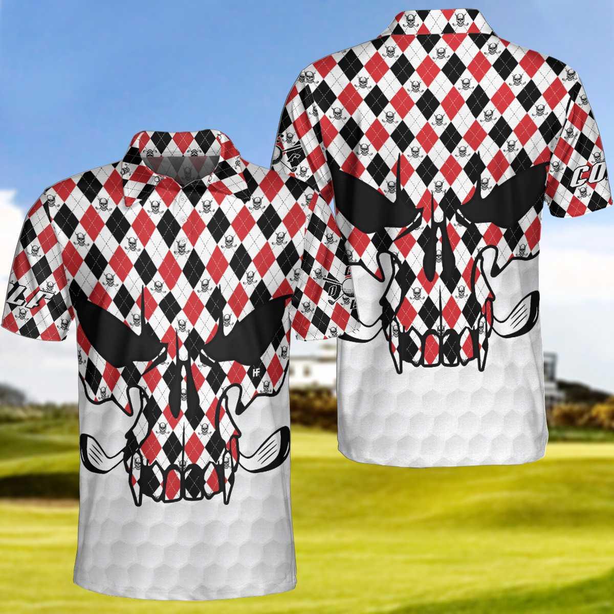 Skull Golf Red Black White Polo Shirt, Golf Texture Argyle Pattern Skull Polo Shirt, Best Golf Shirt For Men - Perfect Gift For Men, Golfers - Amzanimalsgift