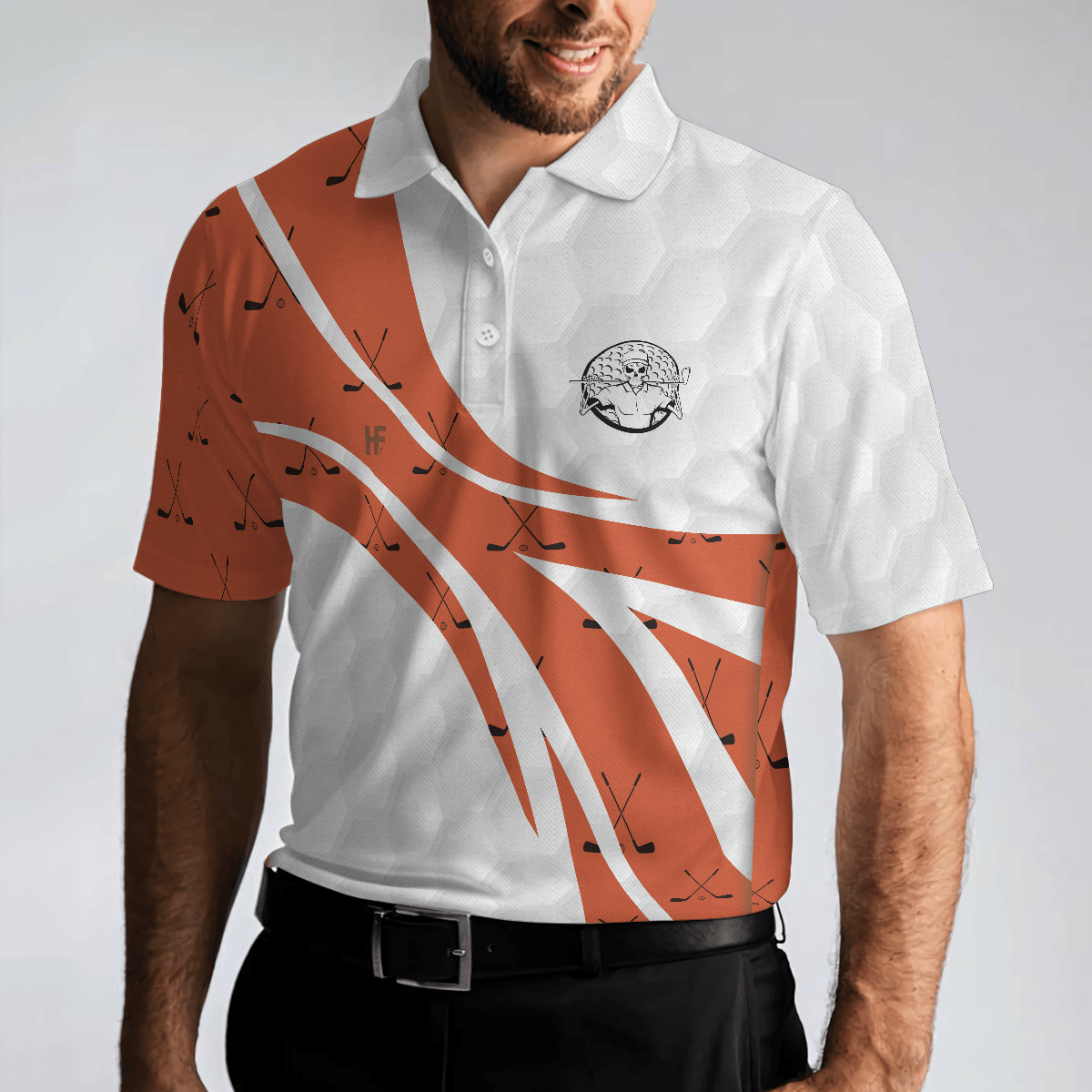Skull Golfer Seamless Pattern Golf Polo Shirt, White And Orange Golf Shirt For Men, Cool Gift For Golfers - Perfect Gift For Men - Amzanimalsgift