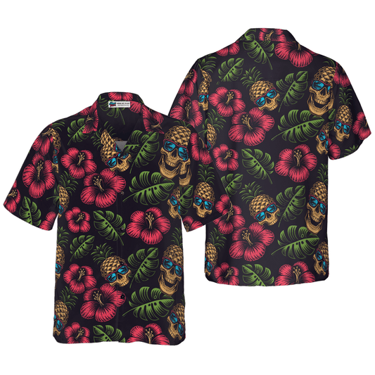 Skull Hawaiian Shirt, Pineapple Skull Tropical Flowers Black Hawaiian Shirt For Men Women, Gift For Husband, Wife, Friend, Family - Amzanimalsgift