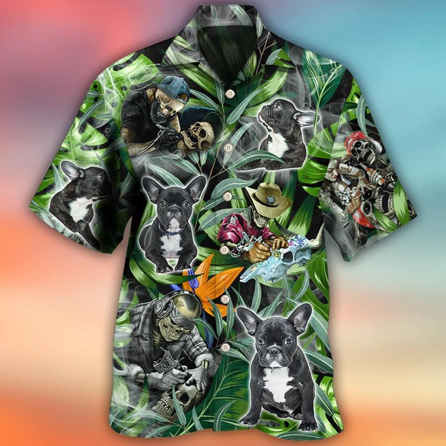 Skull Hawaiian Shirt - Skull And French Bulldog Tatoo Smoke Tropical Aloha For Summer - Perfect Gift For Men, Women, Skull Lover - Amzanimalsgift