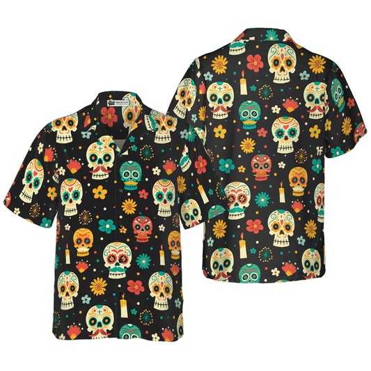 Skull Hawaiian Shirt, Skull Day Of The Dead Pattern Flower Hawaiian Shirt, Colorful Summer Aloha Shirt For Men Women, Gift For Friend, Family - Amzanimalsgift