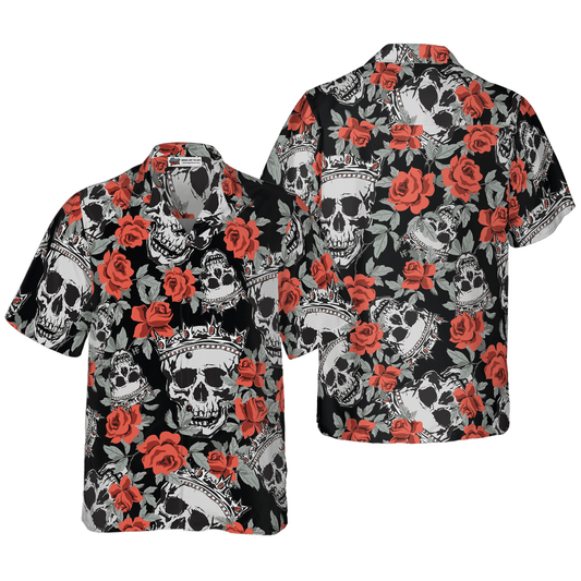 Skull Hawaiian Shirt, Skull With Crown And Red Rose Hawaiian Shirt, Colorful Summer Aloha Shirt For Men Women, Gift For Friend, Family, Husband, Wife - Amzanimalsgift