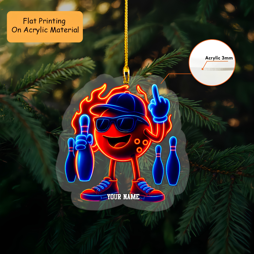 Personalized Bowling Neon Flame 3D Acrylic Ornament, Custom Holiday Tree Decor, Perfect Gift for Bowler
