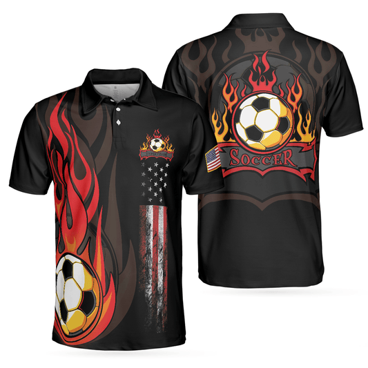 Soccer Flame Men Black Polo Shirt, Black American Flag Polo Shirt, Best Soccer Shirt For Men - Perfect Gift For Men, Soccer Lovers - Amzanimalsgift