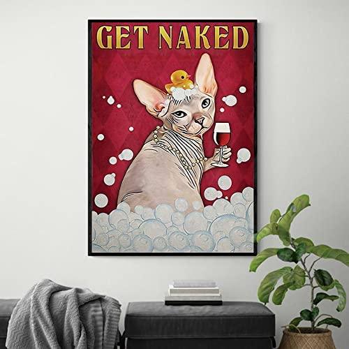 Sphynx Cat Portrait Canvas - Funny Sphynx Cat, Get Naked, Cat And Wine Portrait Canvas - Gift For Cat Lovers, Cat Owner, Friends, Family - Amzanimalsgift