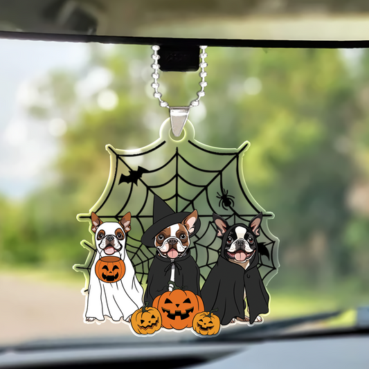 Spooky Ghost And Witch Boston Terrier Acrylic Halloween Car Ornament, Spooky Decoration For Bostie Mom, Dog Dad