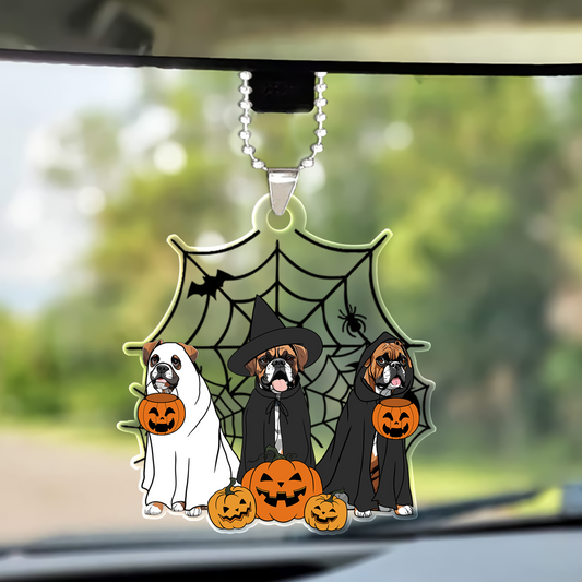 Spooky Ghost And Witch Boxer Dog Acrylic Halloween Car Ornament, Spooky Decoration For Boxer Mom, Dog Dad