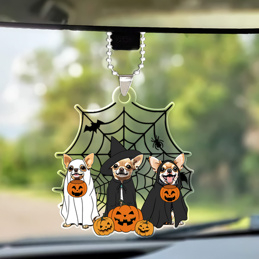 Spooky Ghost And Witch Chihuahua Dog Acrylic Halloween Car Ornament, Spooky Decoration For Boxer Mom, Dog Dad