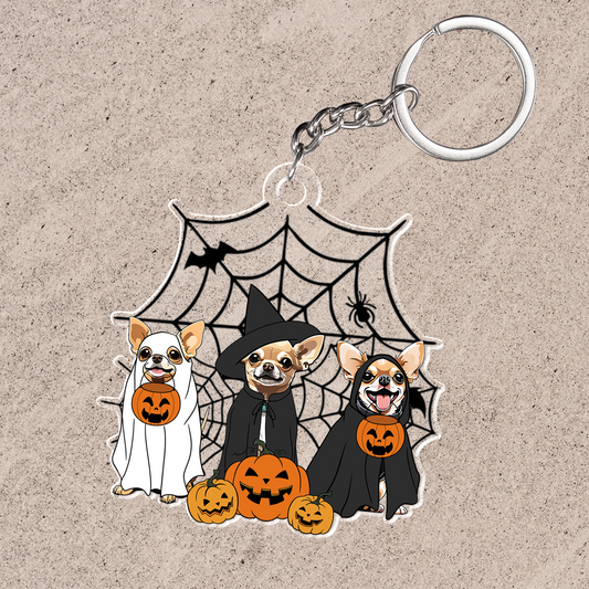 Spooky Ghost And Witch Chihuahua Dog Acrylic Halloween Keychain, Spooky Decoration For Boxer Mom, Dog Dad