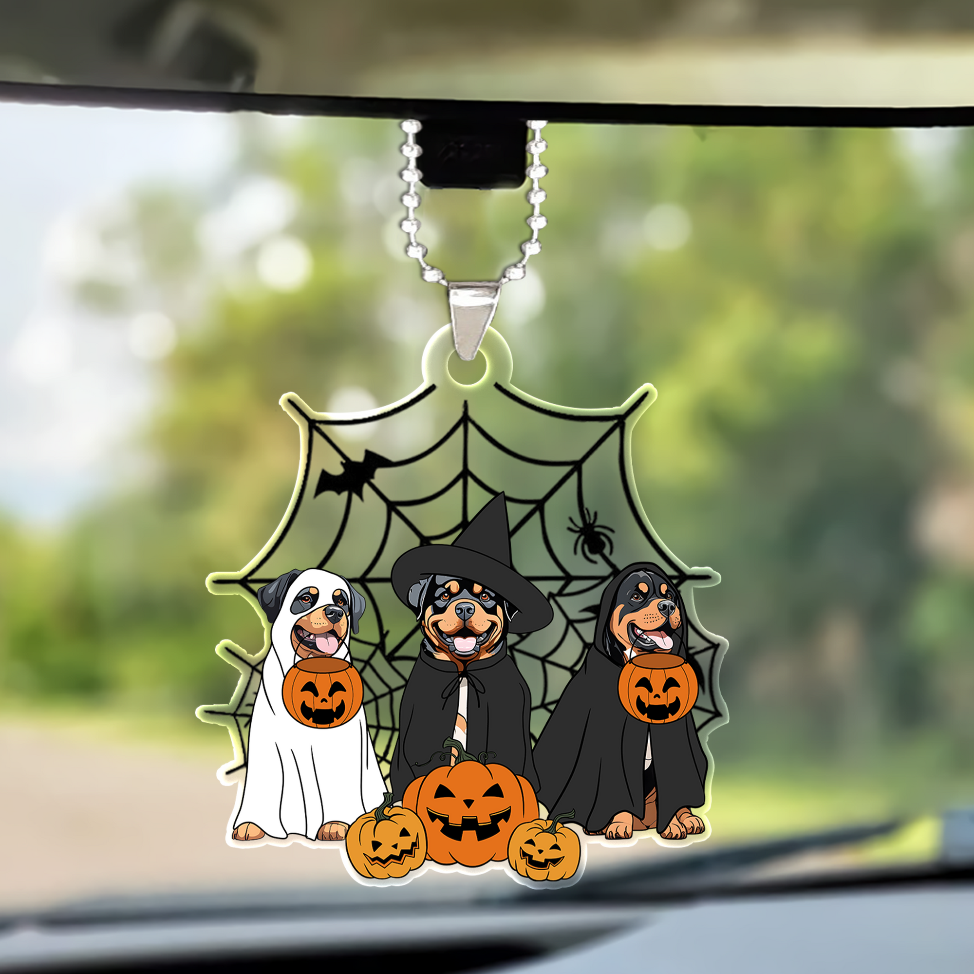 Spooky Ghost And Witch Rottweiler Dog Acrylic Halloween Car Ornament, Spooky Decoration For Dog Mom, Dog Dad