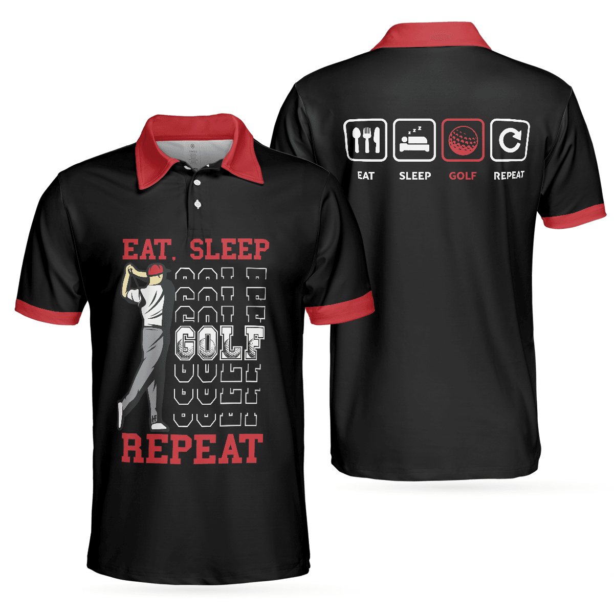 Sporty Golfing Men Polo Shirt, Eat Sleep Golf Repeat Short Sleeve Polo Shirt, Best Golf Shirt For Men, Gift For Golfers - Amzanimalsgift