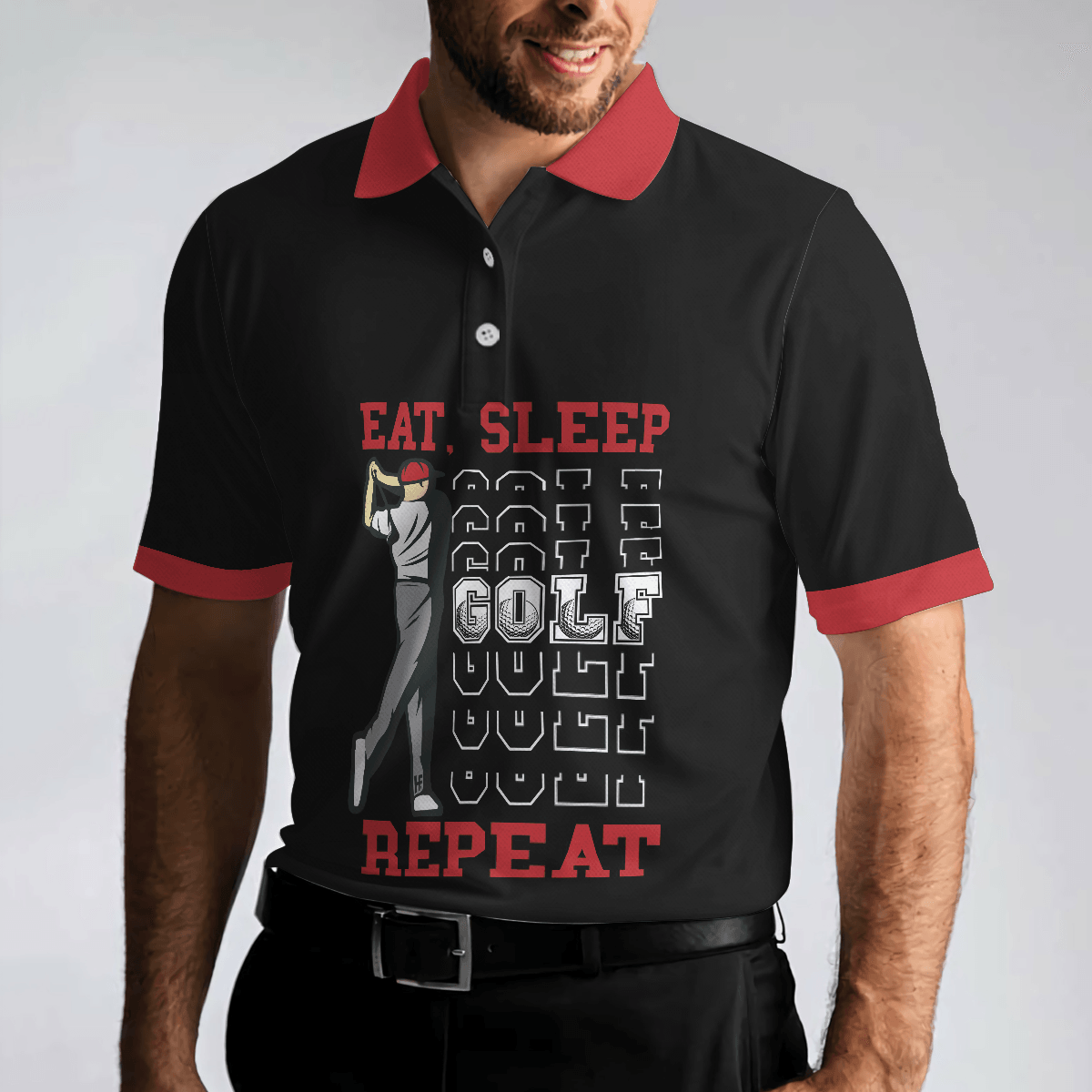 Sporty Golfing Men Polo Shirt, Eat Sleep Golf Repeat Short Sleeve Polo Shirt, Best Golf Shirt For Men, Gift For Golfers - Amzanimalsgift