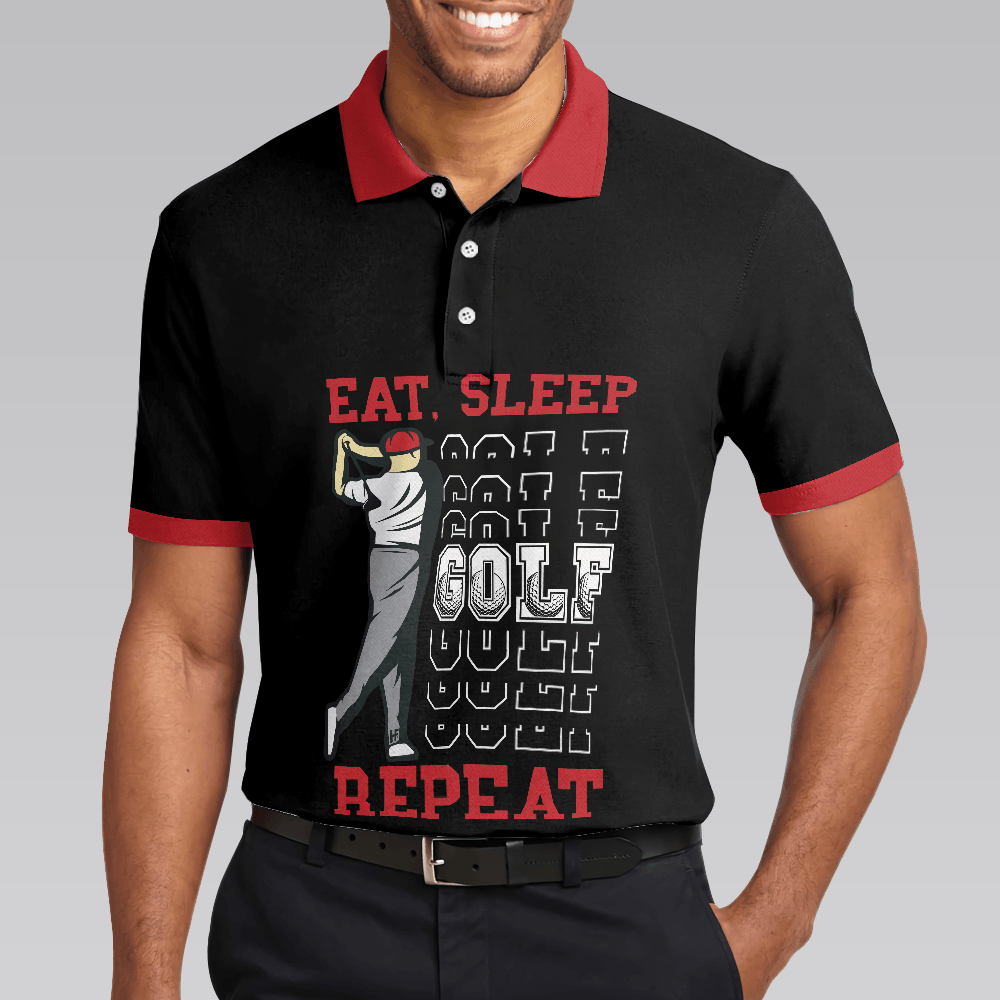 Sporty Golfing Men Polo Shirt, Eat Sleep Golf Repeat Short Sleeve Polo Shirt, Best Golf Shirt For Men, Gift For Golfers - Amzanimalsgift