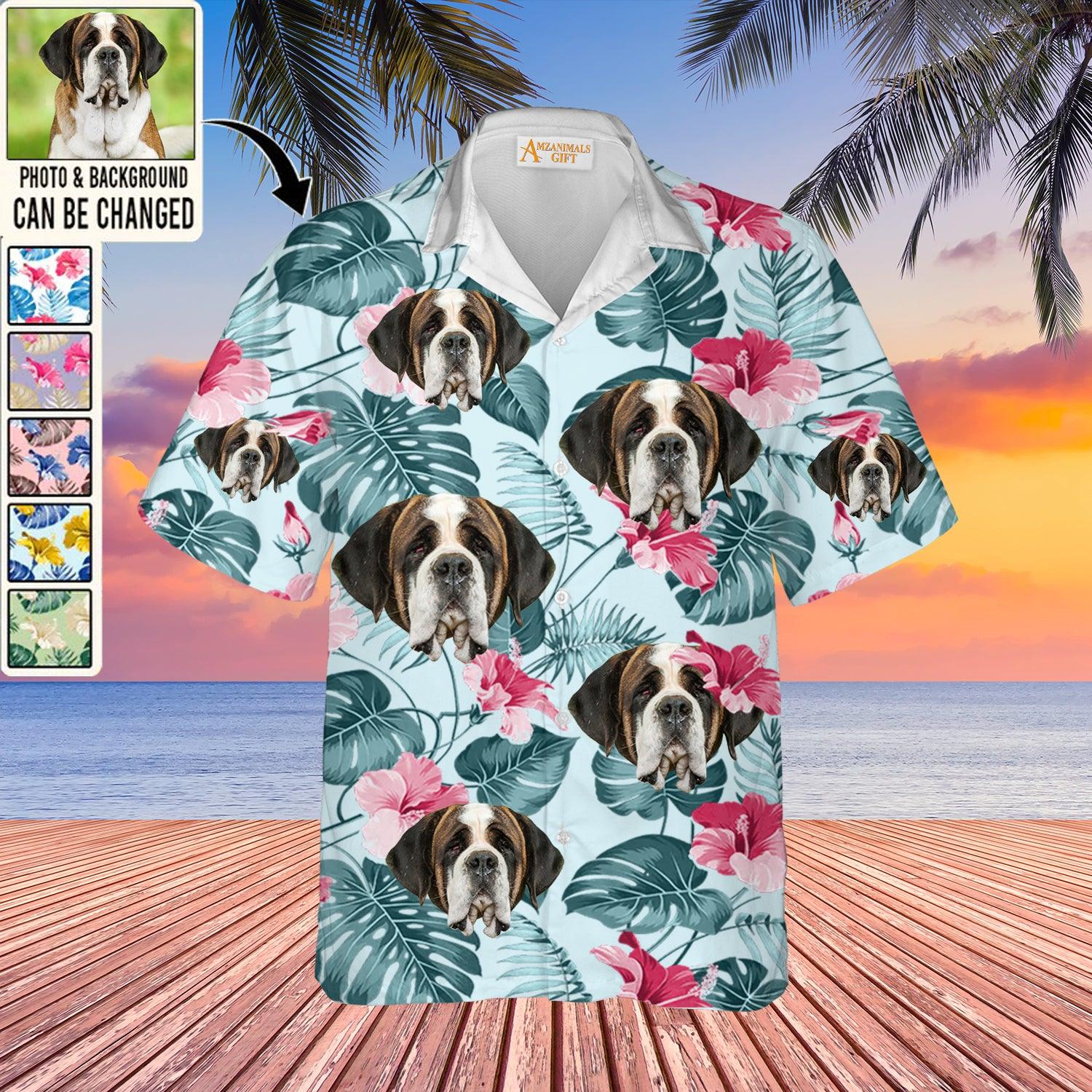 St Bernard Face Custom Aloha Hawaii Shirt - Dog Custom Photo With Tropical Pattern Personalized Hawaiian Shirt - Perfect Gift For Dog Lovers, Friend, Family - Amzanimalsgift