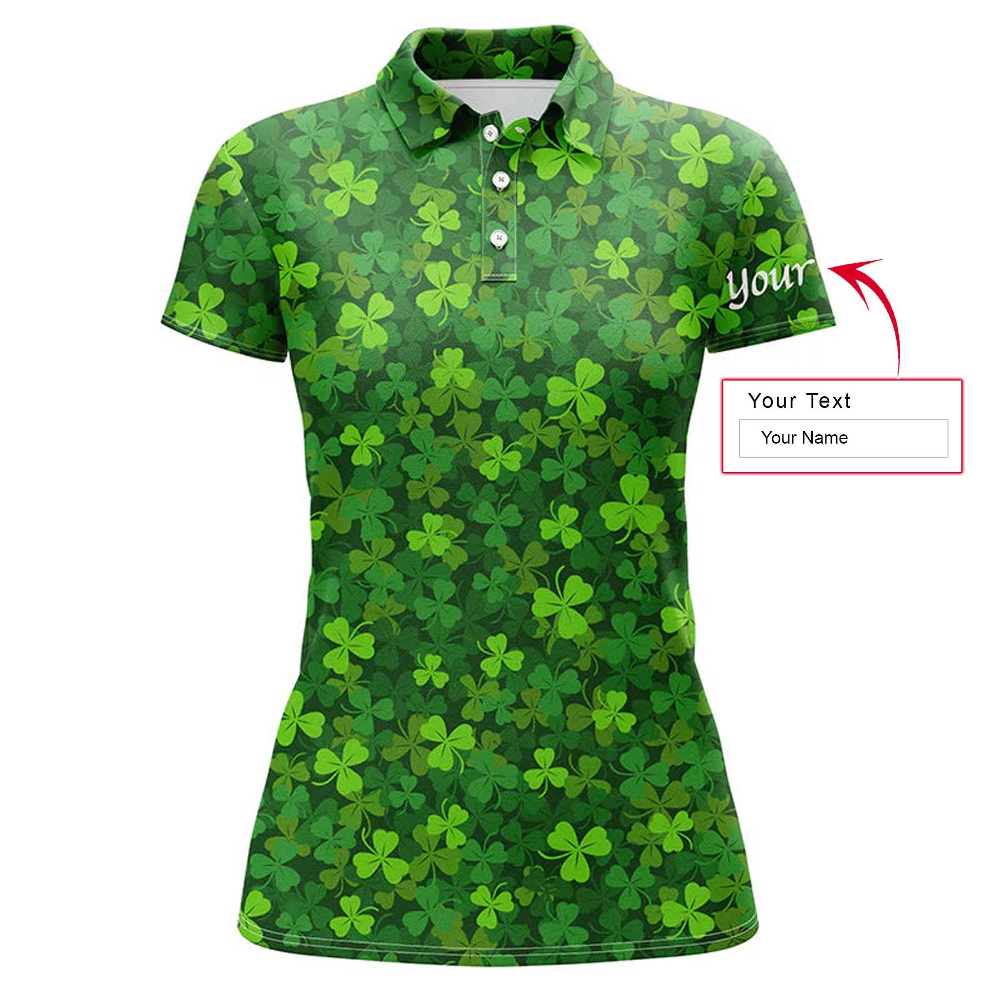 St Patrick Custom Name Women Polo Shirt, Green Clover Pattern Personalized Women Polo Shirts, Best Gift For St. Patrick's Day, Saint Patrick Day - Amzanimalsgift