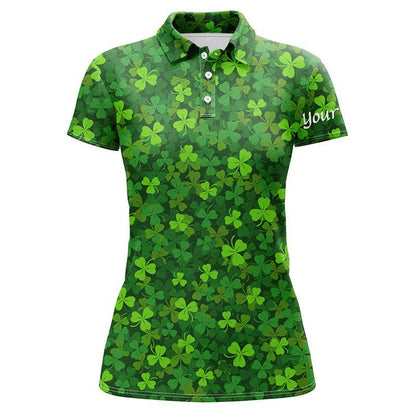 St Patrick Custom Name Women Polo Shirt, Green Clover Pattern Personalized Women Polo Shirts, Best Gift For St. Patrick's Day, Saint Patrick Day - Amzanimalsgift