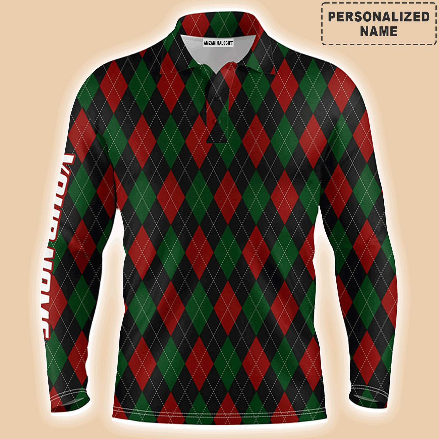 Custom Golf Long Sleeve Men Polo Shirt - Christmas Plaid Argyle Pattern Custom Name Apparel - Personalized Gift For Men, Golf Lover