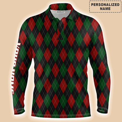 Custom Golf Long Sleeve Men Polo Shirt - Christmas Plaid Argyle Pattern Custom Name Apparel - Personalized Gift For Men, Golf Lover