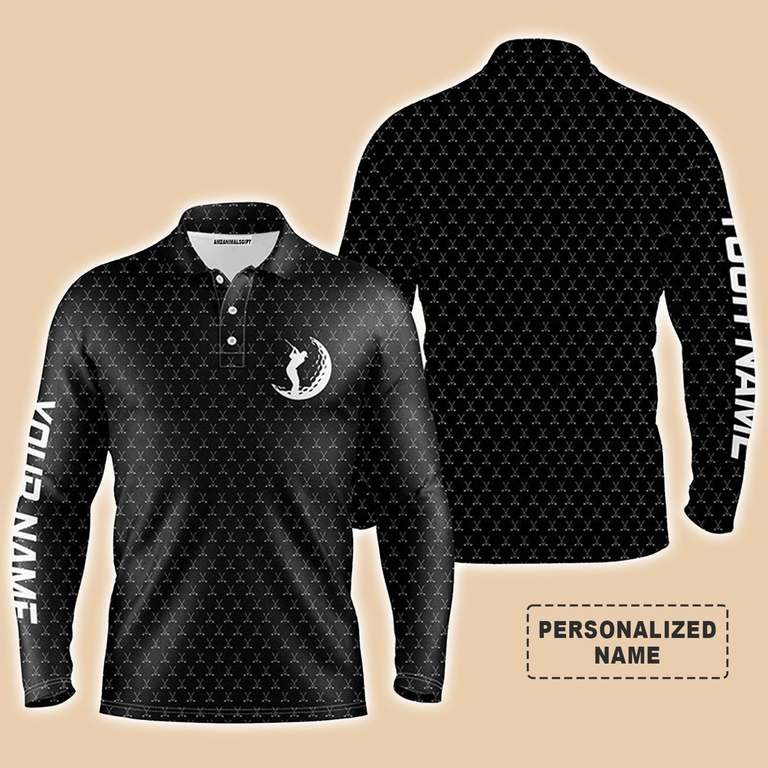 Custom Golf Long Sleeve Men Polo Shirt- Custom Name Funny Golf Clubs Pattern Apparel Men Polo Shirt - Personalized Gift For Men, Golf Lover