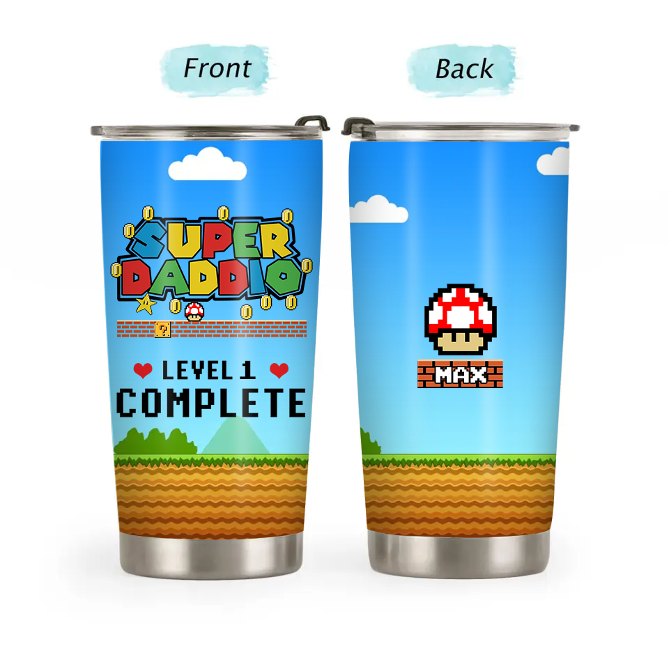 Super Daddio Level Complete, Personalized Gifts Custom Mushroom Tumbler for Dad, Family, Mushroom Lovers, Father's Day Gifts