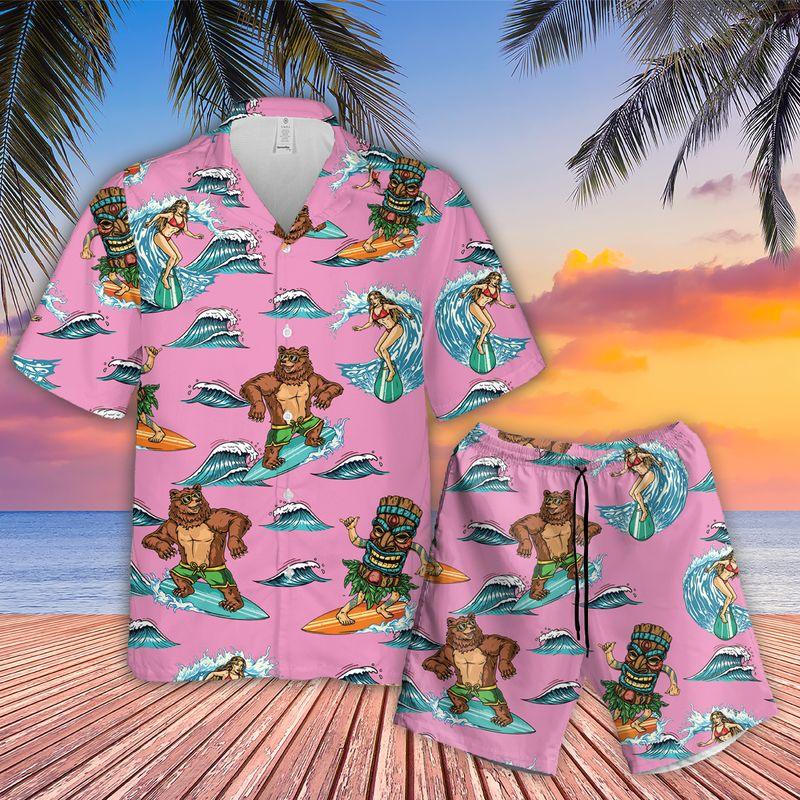 Surfing Bear Aloha Hawaiian Shirts For Summer - Pink Tiki Party Hawaiian Set Outfits For Men Women - Gift For Surfing Bear Lovers, Friend, Family - Amzanimalsgift