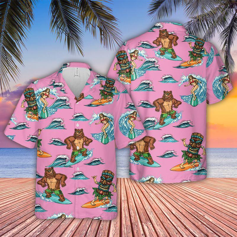 Surfing Bear Aloha Hawaiian Shirts For Summer - Pink Tiki Party Hawaiian Set Outfits For Men Women - Gift For Surfing Bear Lovers, Friend, Family - Amzanimalsgift