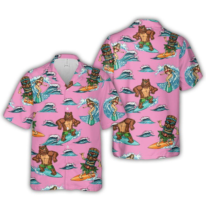 Surfing Bear Aloha Hawaiian Shirts For Summer - Pink Tiki Party Hawaiian Set Outfits For Men Women - Gift For Surfing Bear Lovers, Friend, Family - Amzanimalsgift