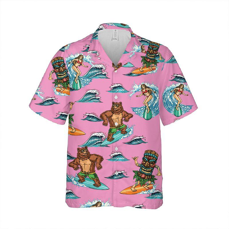 Surfing Bear Aloha Hawaiian Shirts For Summer - Pink Tiki Party Hawaiian Set Outfits For Men Women - Gift For Surfing Bear Lovers, Friend, Family - Amzanimalsgift