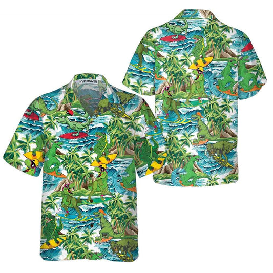 Surfing Dinosaur Aloha Hawaiian Shirt For Summer, Funny Dinosaur Shirt, Cool Printed Dino Hawaiian Shirt For Men Women Adults, Gift For Friend - Amzanimalsgift