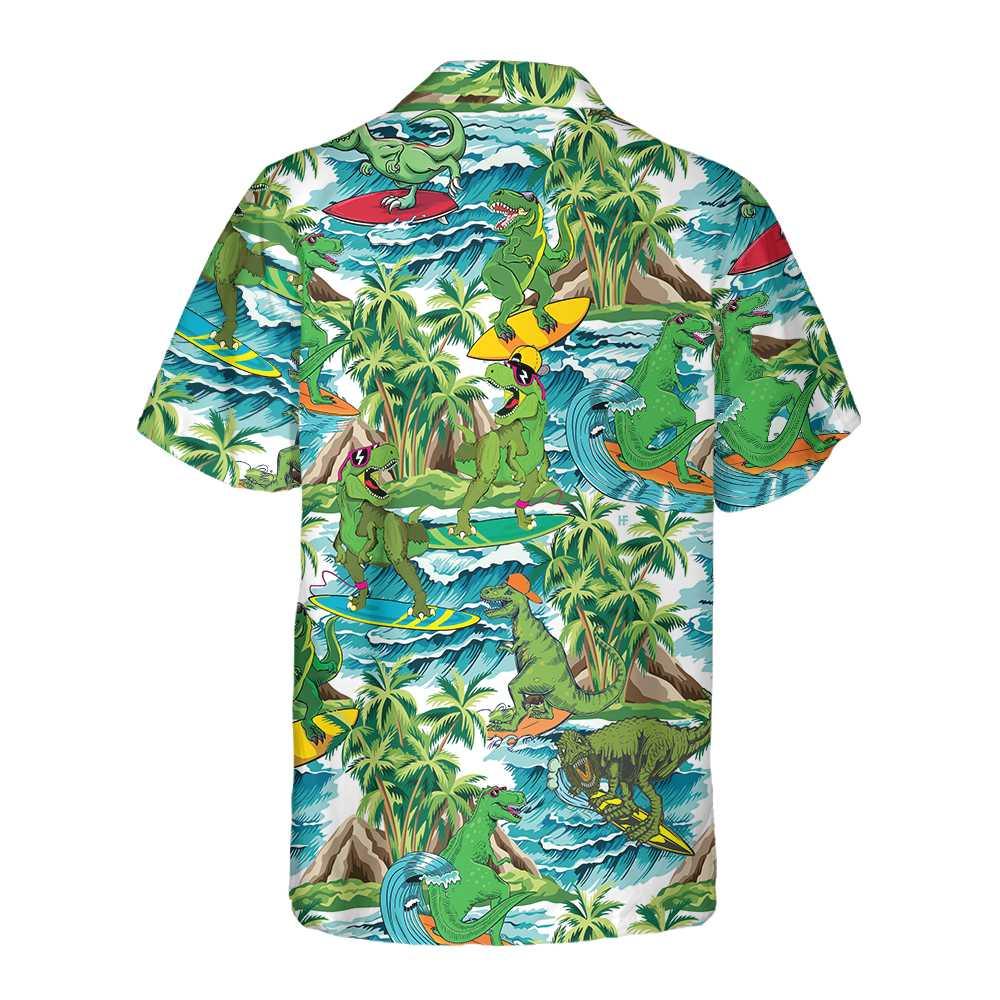 Surfing Dinosaur Aloha Hawaiian Shirt For Summer, Funny Dinosaur Shirt, Cool Printed Dino Hawaiian Shirt For Men Women Adults, Gift For Friend - Amzanimalsgift