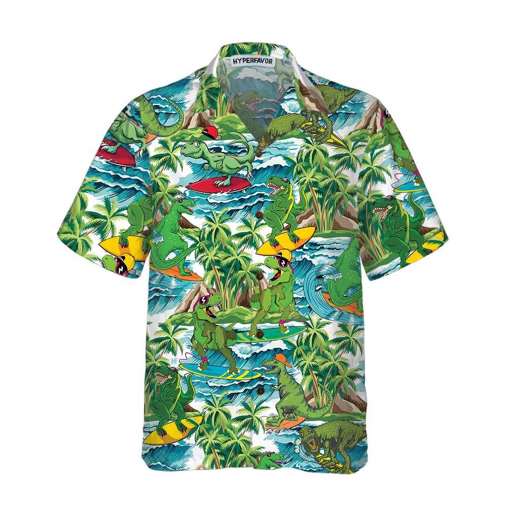 Surfing Dinosaur Aloha Hawaiian Shirt For Summer, Funny Dinosaur Shirt, Cool Printed Dino Hawaiian Shirt For Men Women Adults, Gift For Friend - Amzanimalsgift