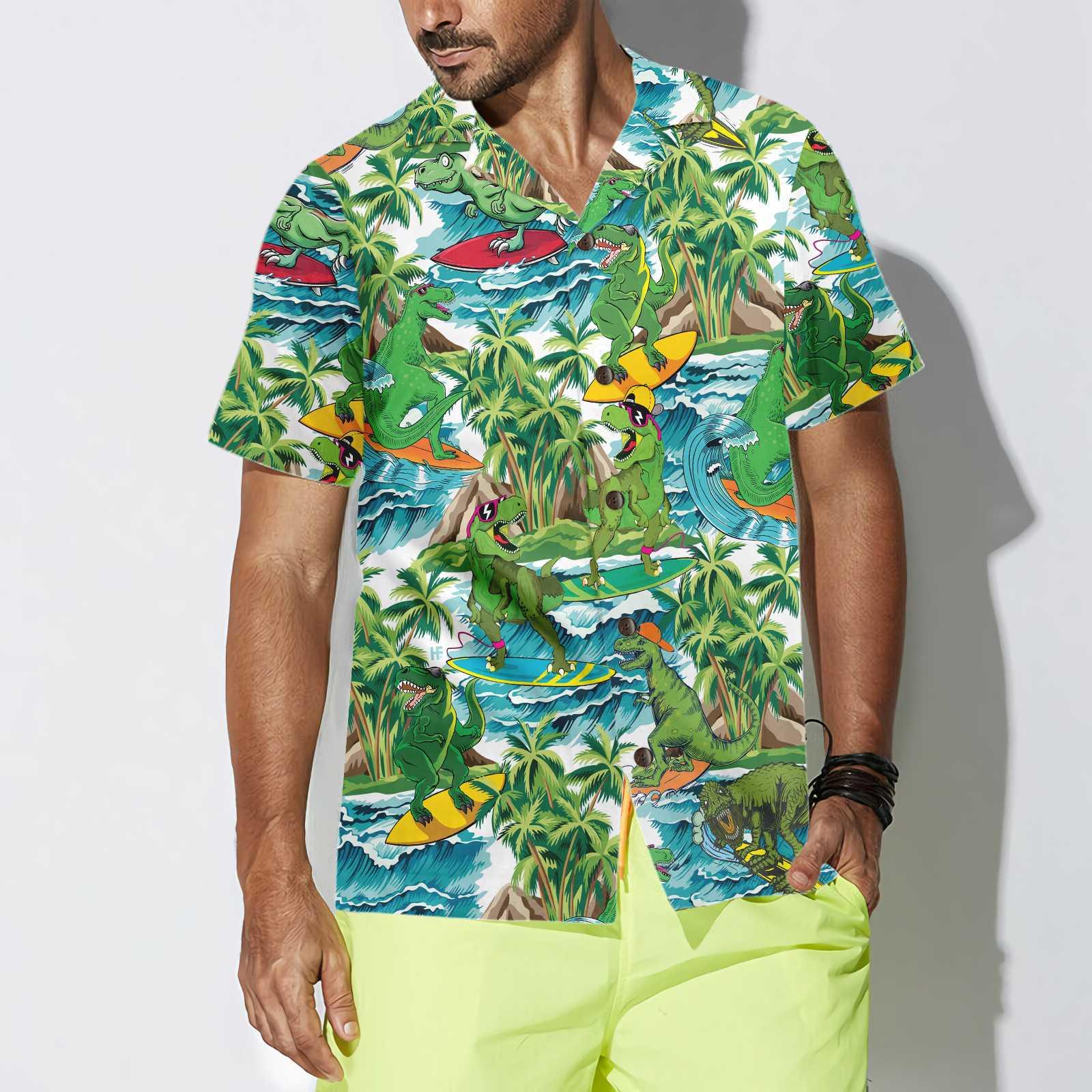 Surfing Dinosaur Aloha Hawaiian Shirt For Summer, Funny Dinosaur Shirt, Cool Printed Dino Hawaiian Shirt For Men Women Adults, Gift For Friend - Amzanimalsgift