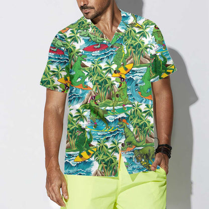 Surfing Dinosaur Aloha Hawaiian Shirt For Summer, Funny Dinosaur Shirt, Cool Printed Dino Hawaiian Shirt For Men Women Adults, Gift For Friend - Amzanimalsgift