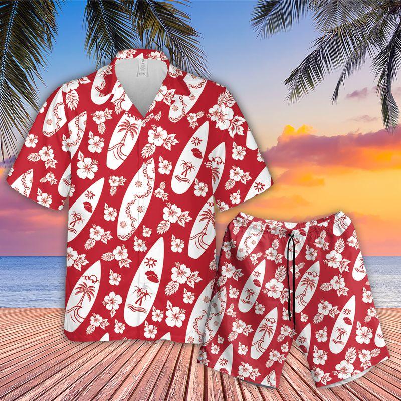 Surfing Hibiscus Flowers Aloha Hawaiian Shirts For Summer, Red Tropical Hawaiian Set Vacation Outfit For Men Women, Gift For Friend, Family - Amzanimalsgift