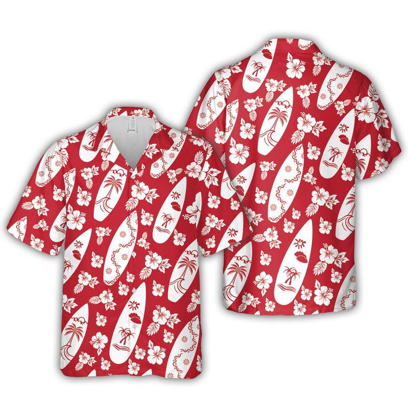 Surfing Hibiscus Flowers Aloha Hawaiian Shirts For Summer, Red Tropical Hawaiian Set Vacation Outfit For Men Women, Gift For Friend, Family - Amzanimalsgift