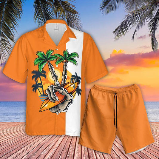 Surfing Skull Finger Aloha Hawaiian Shirts For Summer, Retro Orange Tropical Hawaiian Set Holiday Outfit For Men Women, Gift For Friend, Family, Team - Amzanimalsgift