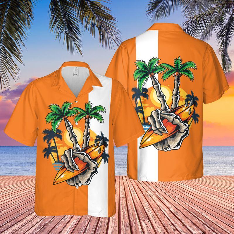 Surfing Skull Finger Aloha Hawaiian Shirts For Summer, Retro Orange Tropical Hawaiian Set Holiday Outfit For Men Women, Gift For Friend, Family, Team - Amzanimalsgift